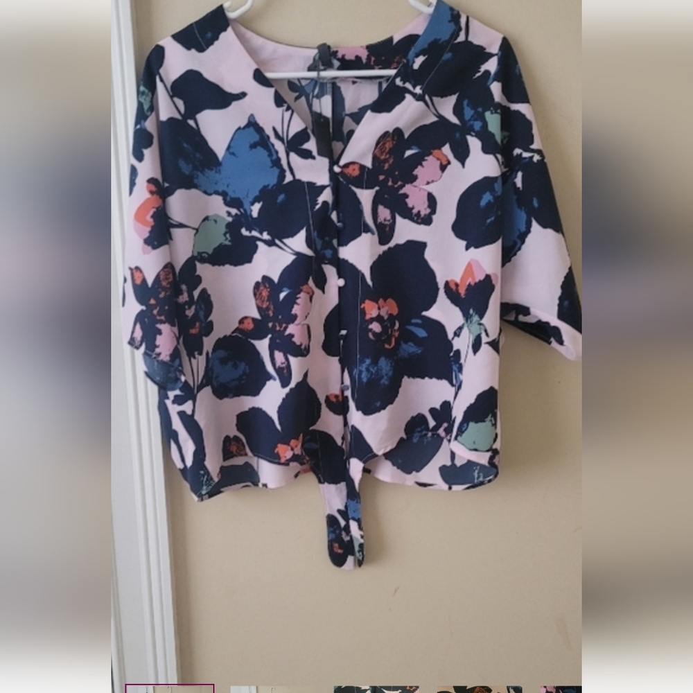 NWT Madison Floral Pink Navy Tie-Front Shirt Top Blouse